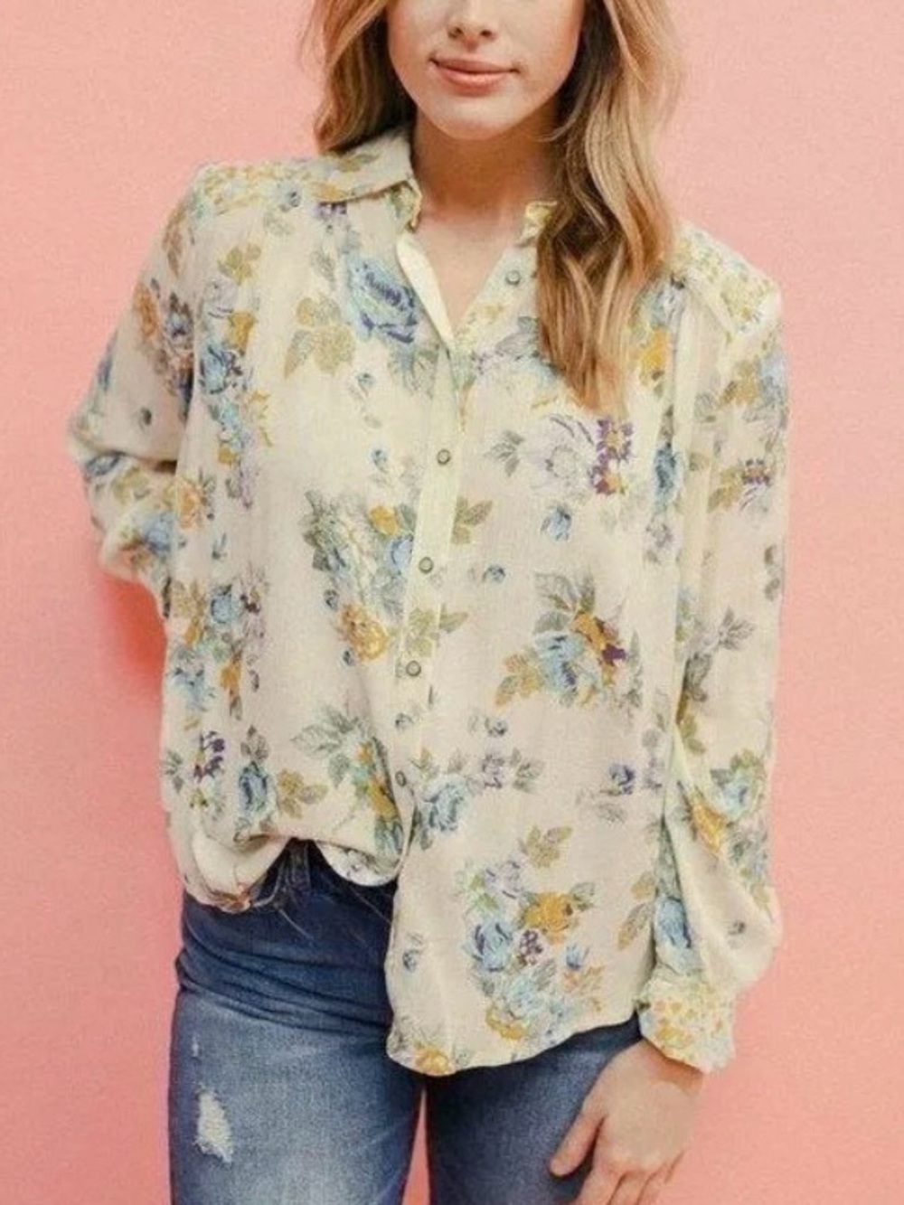 Free People Floral Button Up Shirt Top Sheer Boho Blouse Fringe White Women’s XS
